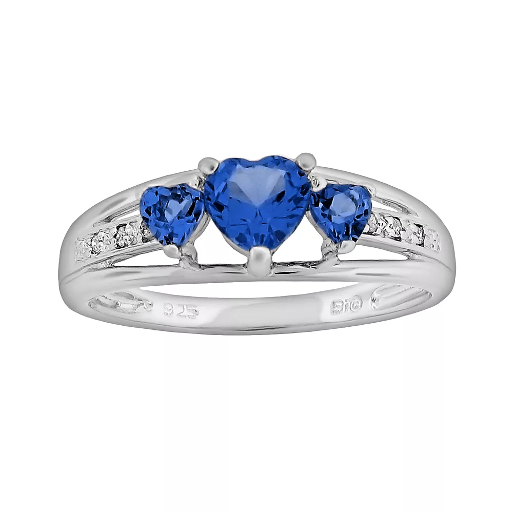 Gemminded Sterling Silver Lab-Created Sapphire And Diamond Accent Heart 3-Stone Ring 3 Gemminded Sterling Silver Lab-Created Sapphire And Diamond Accent Heart 3-Stone Ring