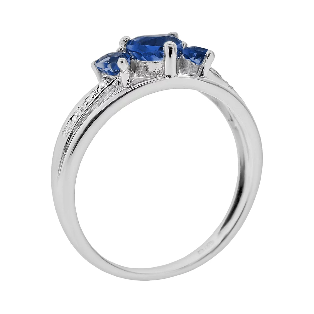 Gemminded Sterling Silver Lab-Created Sapphire And Diamond Accent Heart 3-Stone Ring 4 Gemminded Sterling Silver Lab-Created Sapphire And Diamond Accent Heart 3-Stone Ring - Image 2