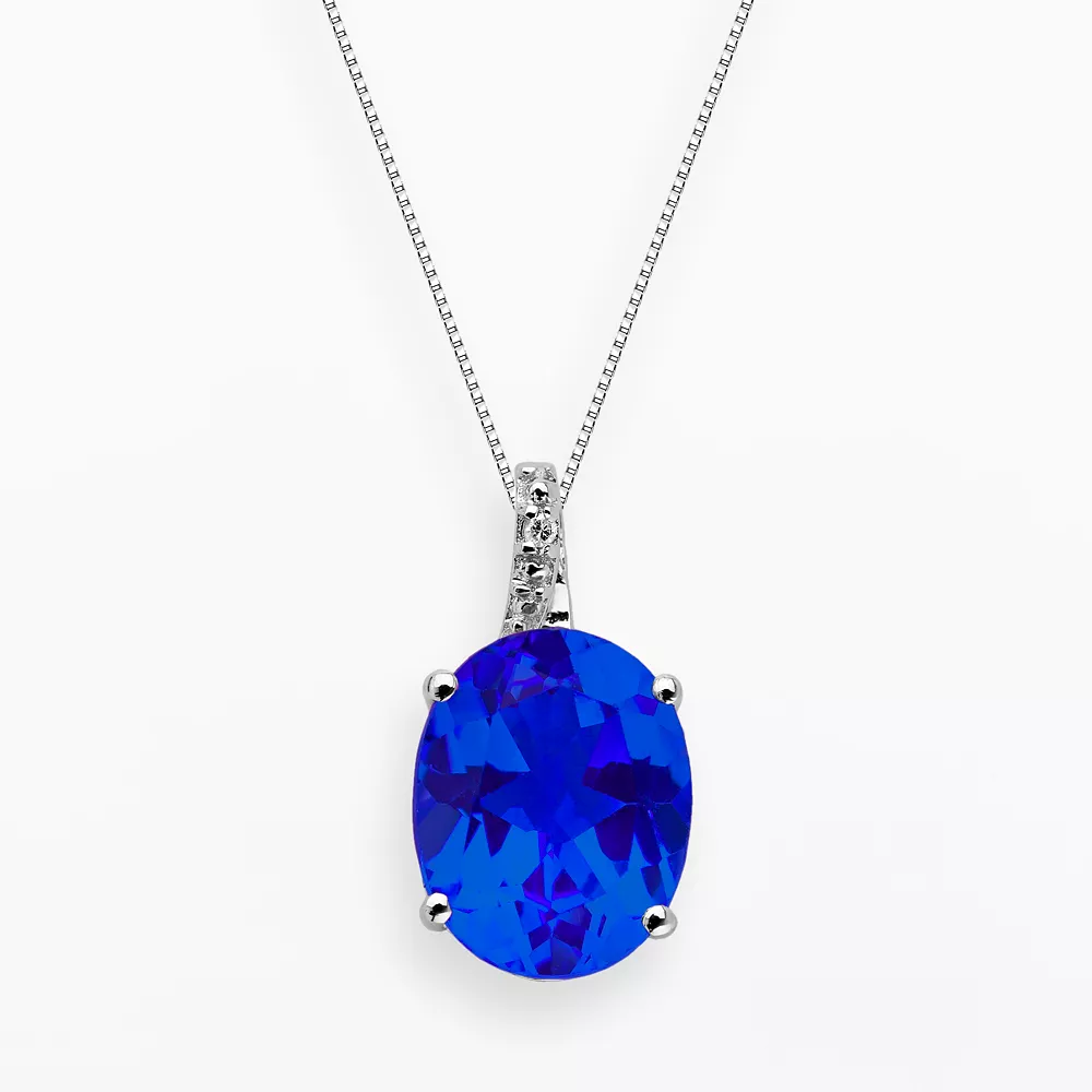 Gemminded Sterling Silver Lab-Created Sapphire And Diamond Accent Oval Pendant 3 Gemminded Sterling Silver Lab-Created Sapphire And Diamond Accent Oval Pendant
