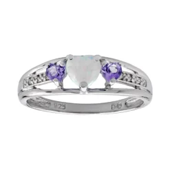 Gemminded Sterling Silver Lab-Created Opal, Amethyst And Diamond Accent Heart 3-Stone Ring