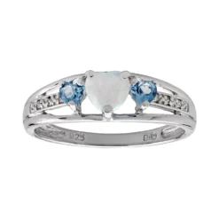 Gemminded Sterling Silver Lab-Created Opal, Blue Topaz And Diamond Accent Heart 3-Stone Ring