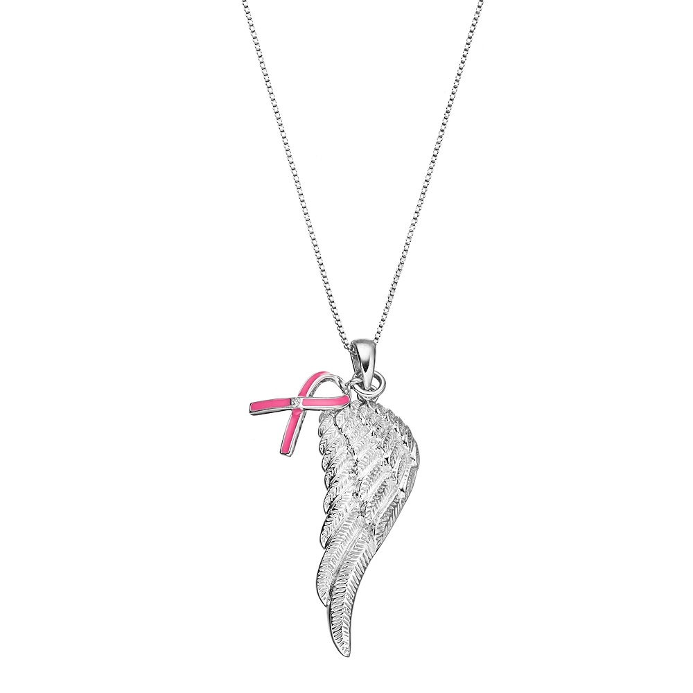 Gemminded Sterling Silver Diamond Accent Pink Ribbon Charm & Angel Wing Pendant 3 Gemminded Sterling Silver Diamond Accent Pink Ribbon Charm & Angel Wing Pendant