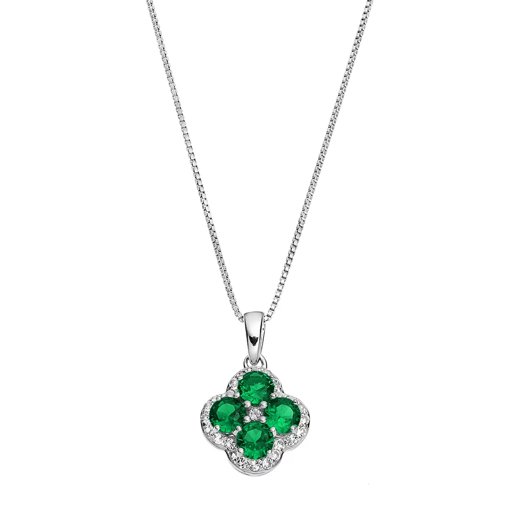 Gemminded Sterling Silver Lab-Created Emerald & White Topaz Flower Pendant Necklace 3 Gemminded Sterling Silver Lab-Created Emerald & White Topaz Flower Pendant Necklace