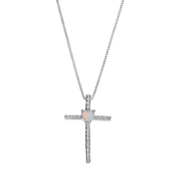 Gemminded Sterling Silver Lab-Created White Opal Cross Pendant Necklace