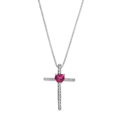 Gemminded Sterling Silver Lab-Created Ruby Cross Pendant Necklace