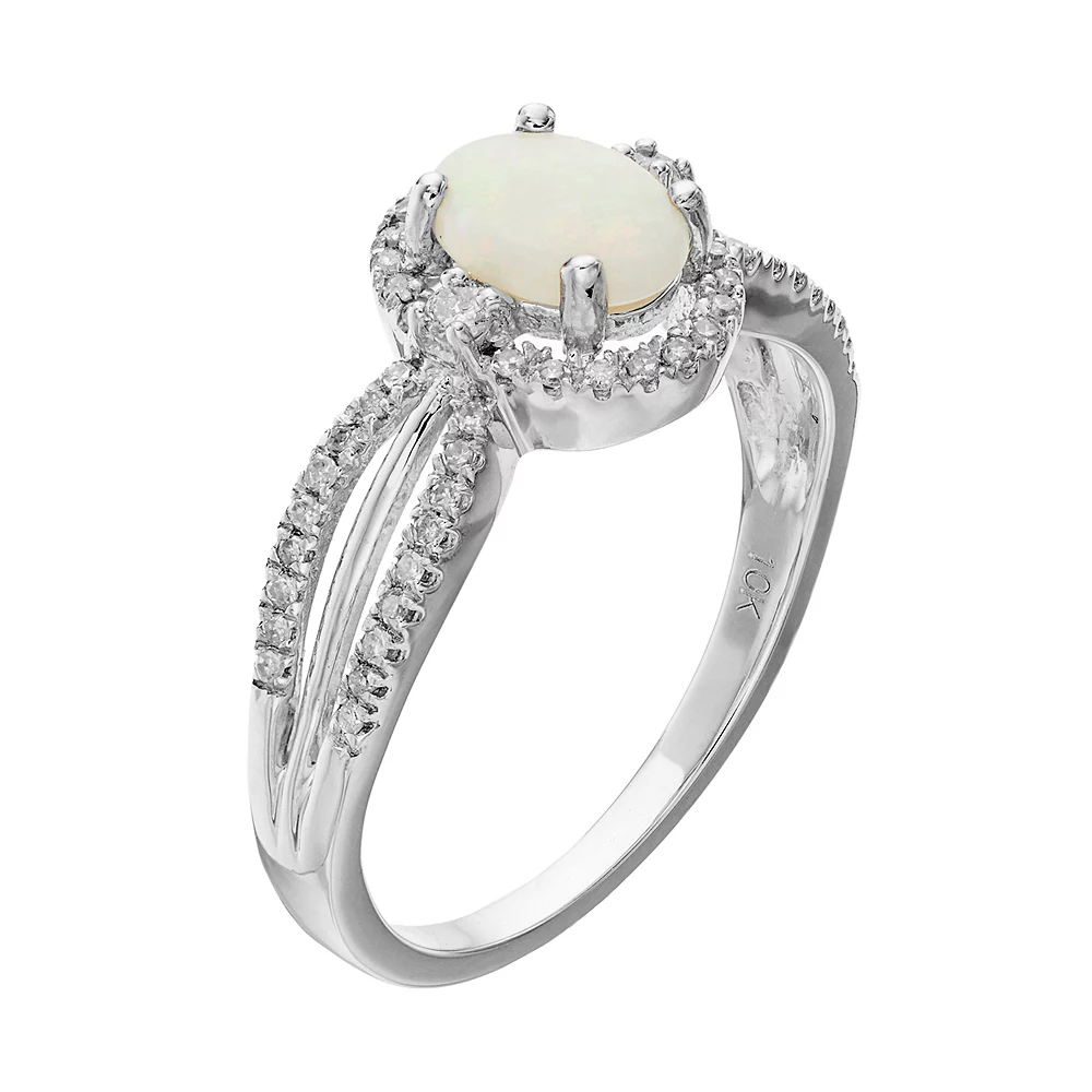 Gemminded 10k White Gold White Opal & 1/5 Carat T.W. Diamond Halo Ring 4 Gemminded 10k White Gold White Opal & 1/5 Carat T.W. Diamond Halo Ring - Image 2