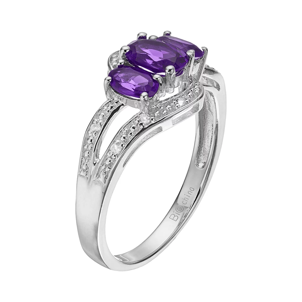Gemminded Sterling Silver Amethyst & White Topaz 3-Stone Bypass Ring 4 Gemminded Sterling Silver Amethyst & White Topaz 3-Stone Bypass Ring - Image 2
