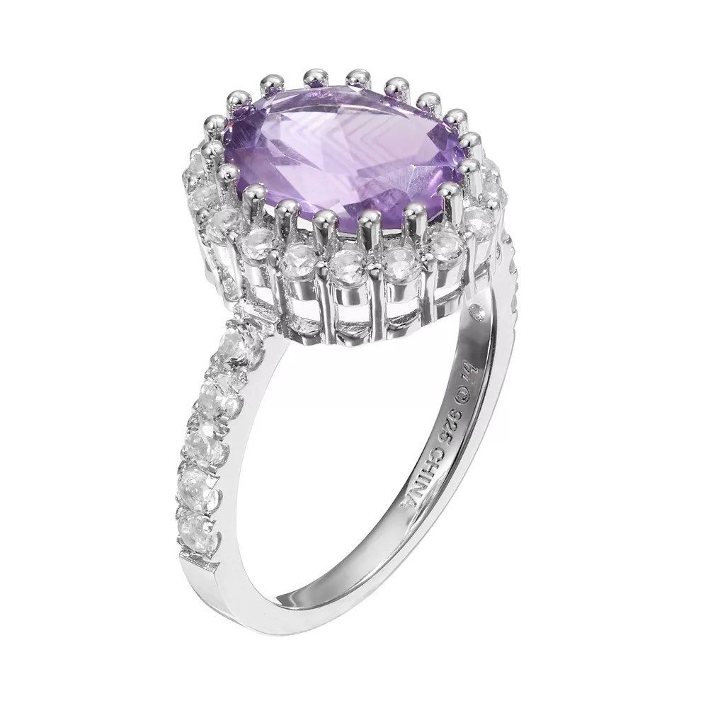 Gemminded Sterling Silver Amethyst & White Topaz Oval Halo Ring 4 Gemminded Sterling Silver Amethyst & White Topaz Oval Halo Ring - Image 2