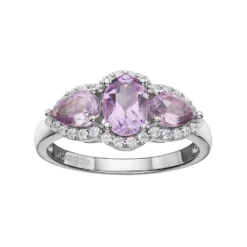 Gemminded Sterling Silver Amethyst & White Topaz 3-Stone Halo Ring