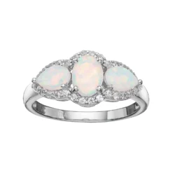 Gemminded Sterling Silver Lab-Created White Opal & White Topaz 3-Stone Halo Ring