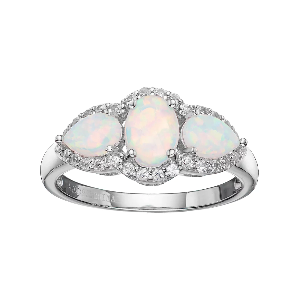 Gemminded Sterling Silver Lab-Created White Opal & White Topaz 3-Stone Halo Ring 3 Gemminded Sterling Silver Lab-Created White Opal & White Topaz 3-Stone Halo Ring