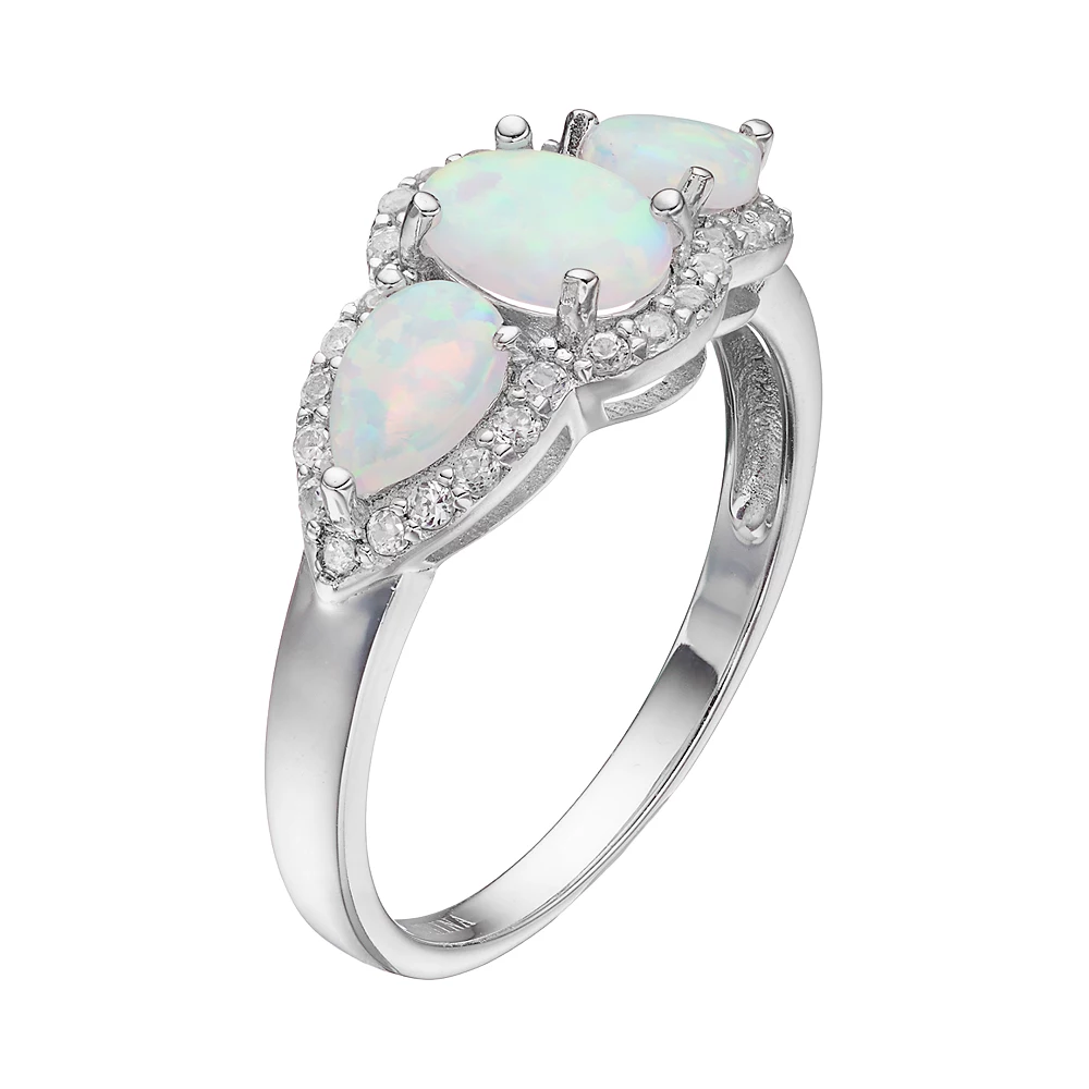 Gemminded Sterling Silver Lab-Created White Opal & White Topaz 3-Stone Halo Ring 4 Gemminded Sterling Silver Lab-Created White Opal & White Topaz 3-Stone Halo Ring - Image 2