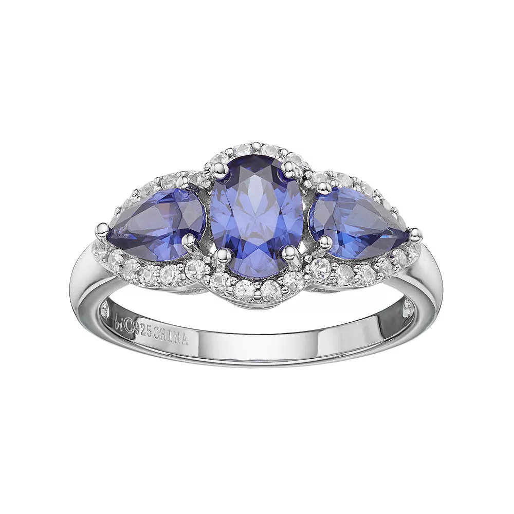 Gemminded Sterling Silver Lab-Created Sapphire & White Topaz 3-Stone Halo Ring 3 Gemminded Sterling Silver Lab-Created Sapphire & White Topaz 3-Stone Halo Ring