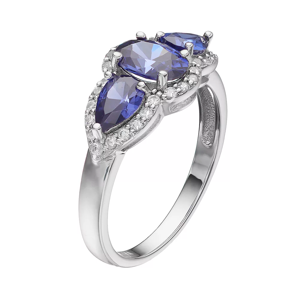 Gemminded Sterling Silver Lab-Created Sapphire & White Topaz 3-Stone Halo Ring 4 Gemminded Sterling Silver Lab-Created Sapphire & White Topaz 3-Stone Halo Ring - Image 2