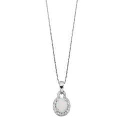Gemminded Sterling Silver Lab-Created Opal & White Topaz Oval Halo Pendant Necklace