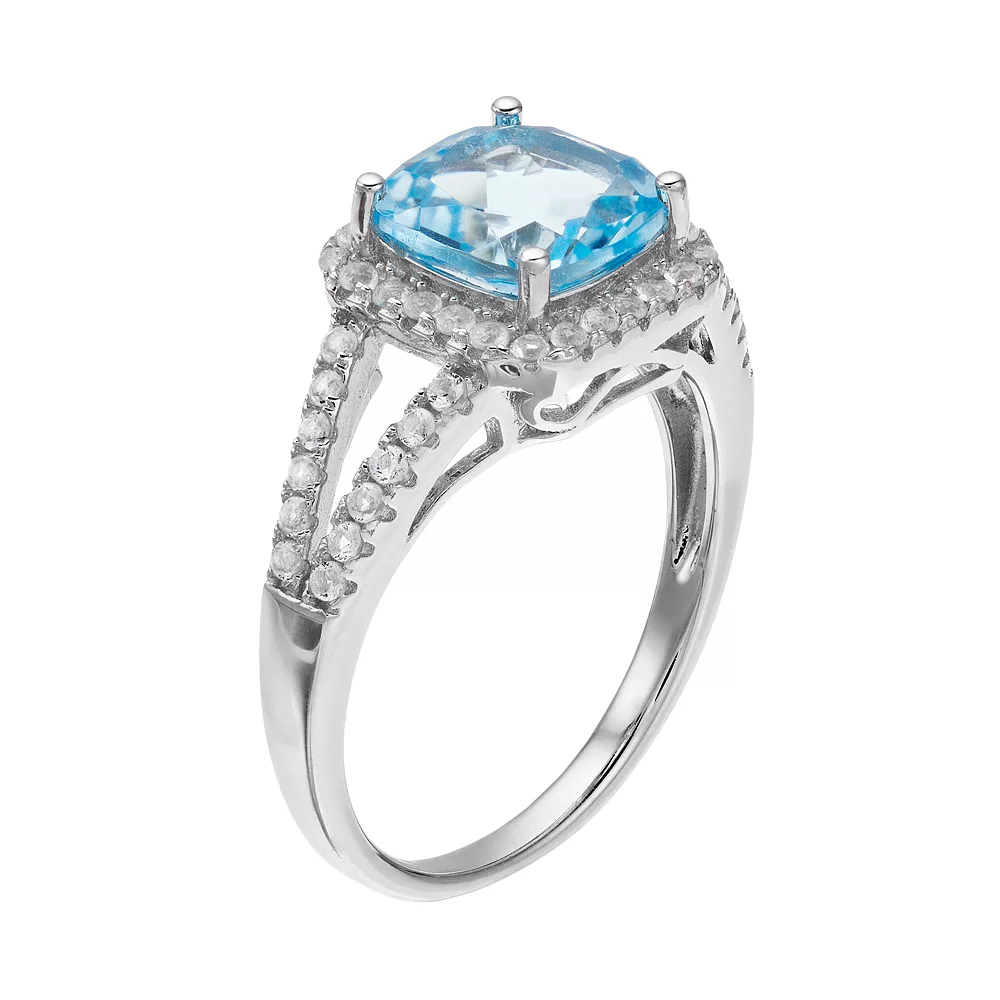 Gemminded Sterling Silver Blue & White Topaz Cushion Halo Ring 4 Gemminded Sterling Silver Blue & White Topaz Cushion Halo Ring - Image 2