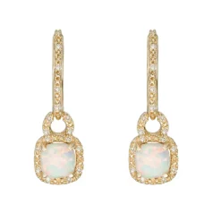 Gemminded 10k Gold Opal 1/7 Carat T.W. Diamond Hoop Drop Earrings -Gemminded Jewelry 3495040 ALT
