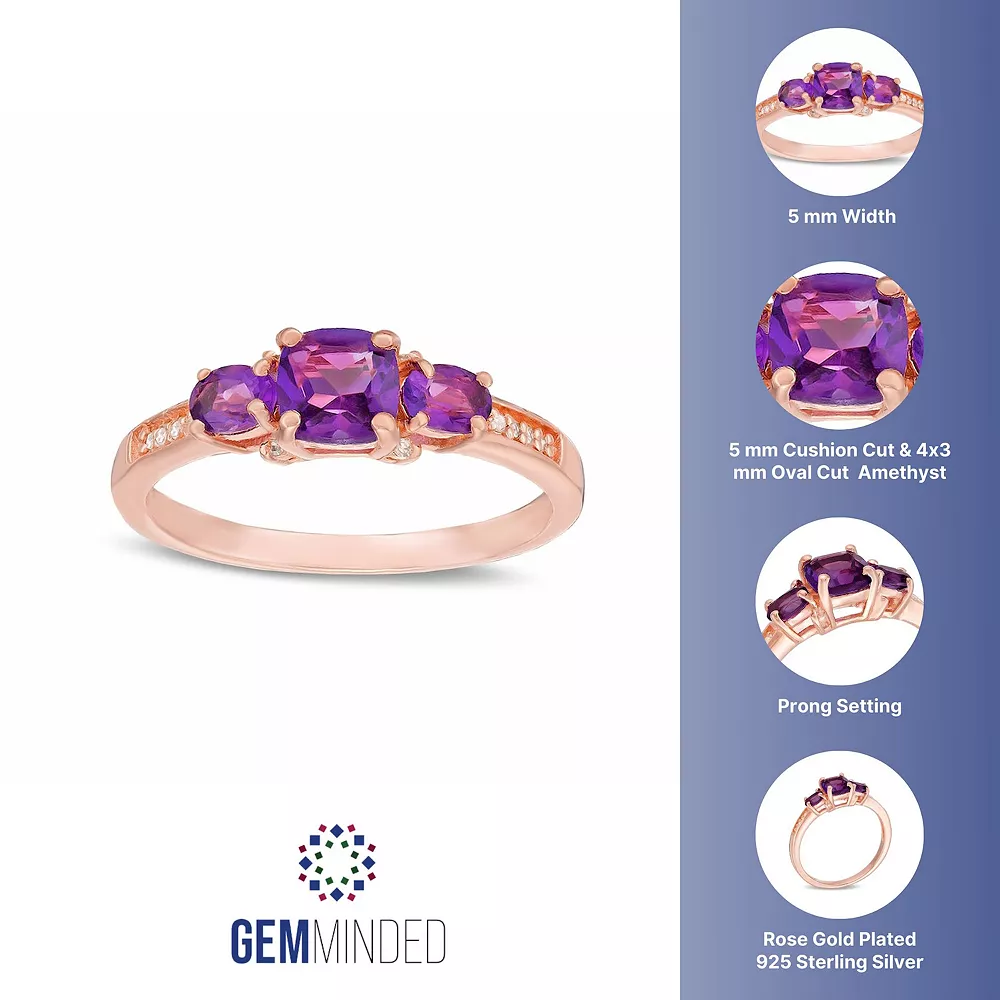 Gemminded 18k Rose Gold Over Silver 3-Stone Amethyst & Diamond Accent Ring 5 Gemminded 18k Rose Gold Over Silver 3-Stone Amethyst & Diamond Accent Ring - Image 3