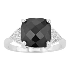 Gemminded Sterling Silver Cushion Cut Onyx & White Topaz Ring