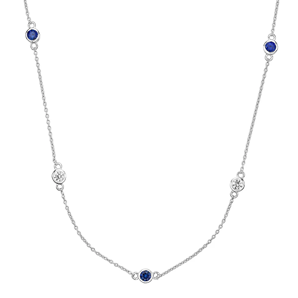 Gemminded Sterling Silver Lab-Created Blue Sapphire & Lab-Created White Sapphire Station Necklace 3 Gemminded Sterling Silver Lab-Created Blue Sapphire & Lab-Created White Sapphire Station Necklace