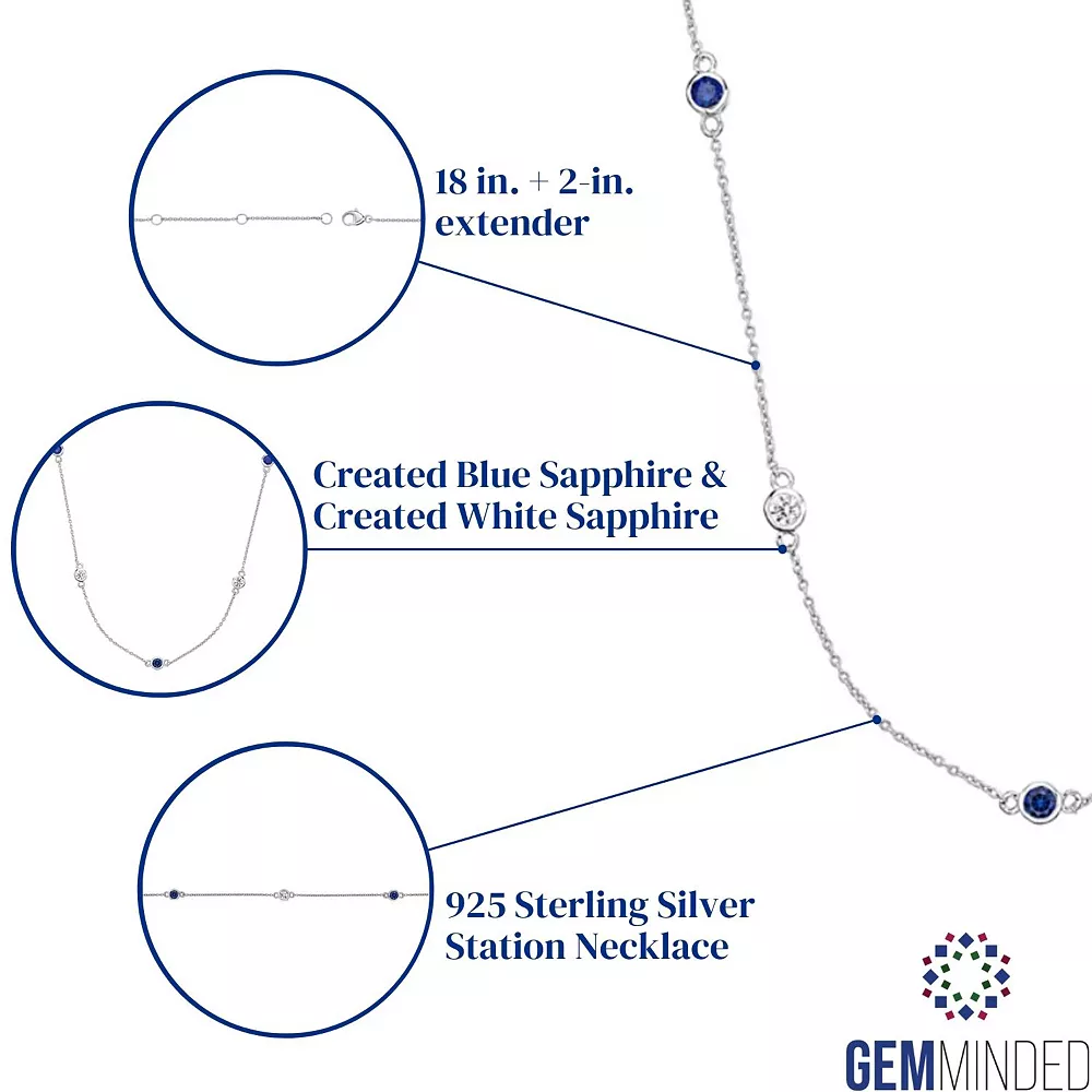 Gemminded Sterling Silver Lab-Created Blue Sapphire & Lab-Created White Sapphire Station Necklace 5 Gemminded Sterling Silver Lab-Created Blue Sapphire & Lab-Created White Sapphire Station Necklace - Image 3