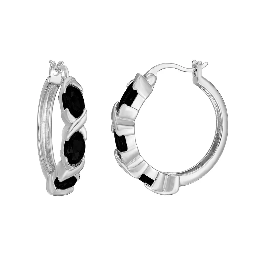 Gemminded Sterling Silver Black Onyx & White Topaz Hoop Earrings 3 Gemminded Sterling Silver Black Onyx & White Topaz Hoop Earrings