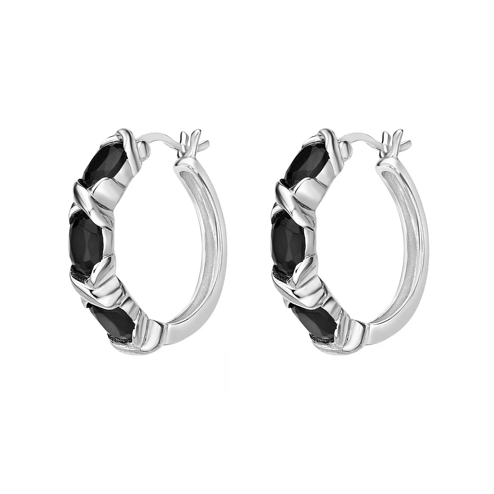 Gemminded Sterling Silver Black Onyx & White Topaz Hoop Earrings 5 Gemminded Sterling Silver Black Onyx & White Topaz Hoop Earrings - Image 3