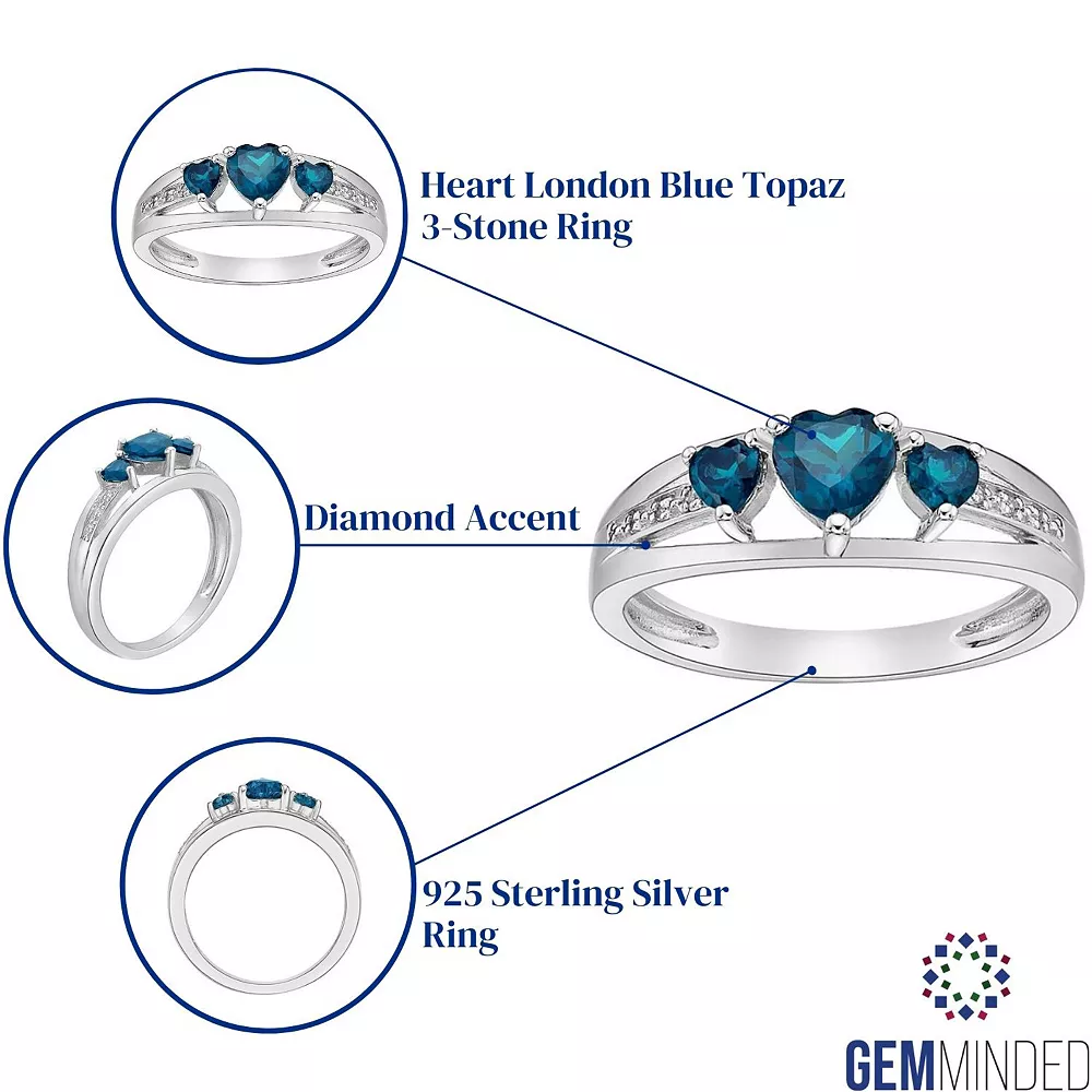 Gemminded Sterling Silver Heart-Cut London Blue Topaz & Diamond Accent 3-Stone Ring 6 Gemminded Sterling Silver Heart-Cut London Blue Topaz & Diamond Accent 3-Stone Ring - Image 4