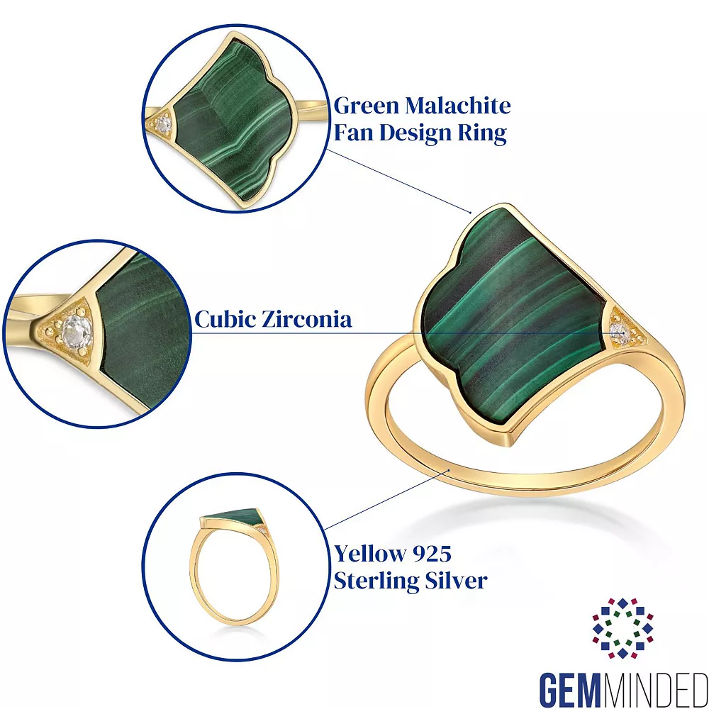Gemminded 14k Gold Over Silver Malachite Fan Ring With Cubic Zirconia Accent 6 Gemminded 14k Gold Over Silver Malachite Fan Ring With Cubic Zirconia Accent - Image 4