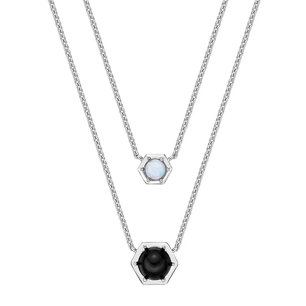 Gemminded Sterling Silver Onyx & Lab-Created Opal Hexagon Layered Necklace 3 Gemminded Sterling Silver Onyx & Lab-Created Opal Hexagon Layered Necklace